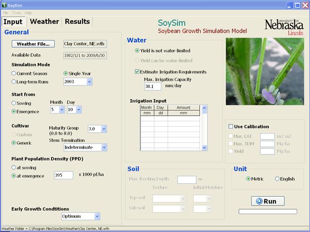 Figure 2.1. SoySim input page after opening weather file for Clay Center, NE and completing other inputs in step 1 in section 2.2.