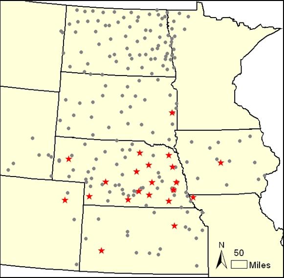 Figure 2.6. Sites of daily weather data included in the program package. The sites are part of the Automated Weather Data Network (AWDN) of the High Plains Regional Climate Center (HPRCC) of the University of Nebraska-Lincoln. The stars on the map show the locations of the sites included with your version of SoySim; the gray circles show other weather stations in the AWDN database. We recommend that users who wish to actively use SoySim to explore crop management options should purchase the complete AWDN database on CD-ROM from the HPRCC, or subscribe to specific sites, in order to obtain up-to-date weather data for locations in closest proximity to the sites for which simulations are desired.