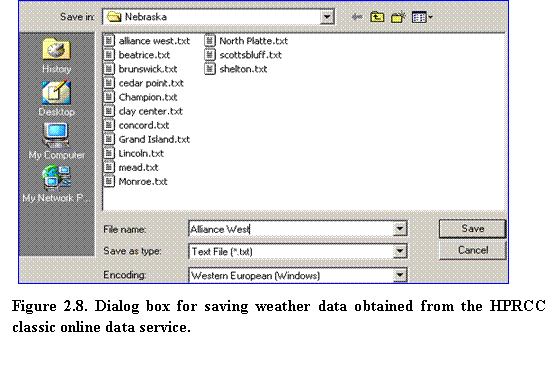 Figure 2.8 Dialog box for saving weather data obtained from the HPRCC classic onine data service.