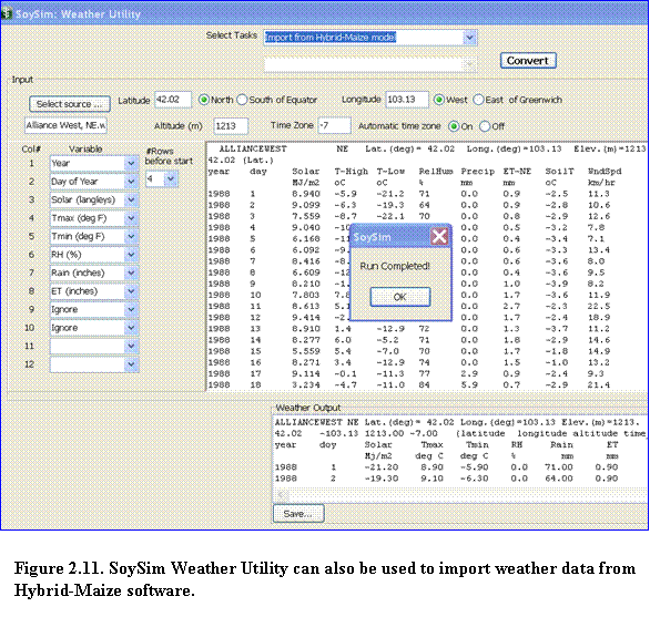 Figure 2.11 - SoySim Weather Utility can also be used to import weather data from Hybrid-Maize software.