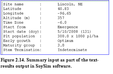 Figure 2.14 - Summary input as part of the text-results output in SoySim software