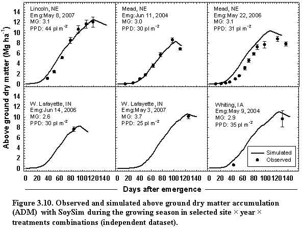 Figure 3.10 - Observed and simulated above ground dry matter accumulation